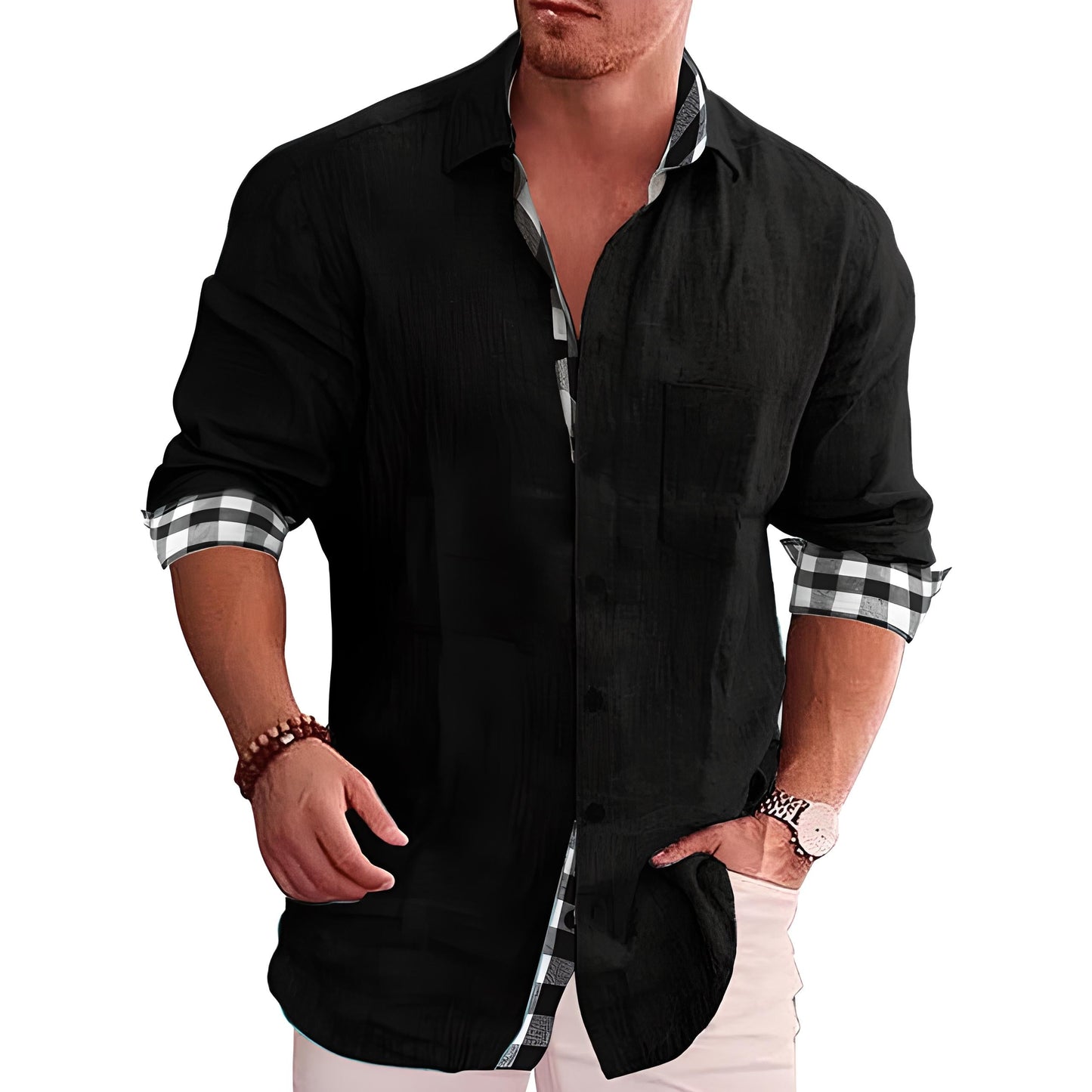 Linen-Blend Shirt for Men | Rolled Sleeves with Plaid Contrast | Smart Casual Essential