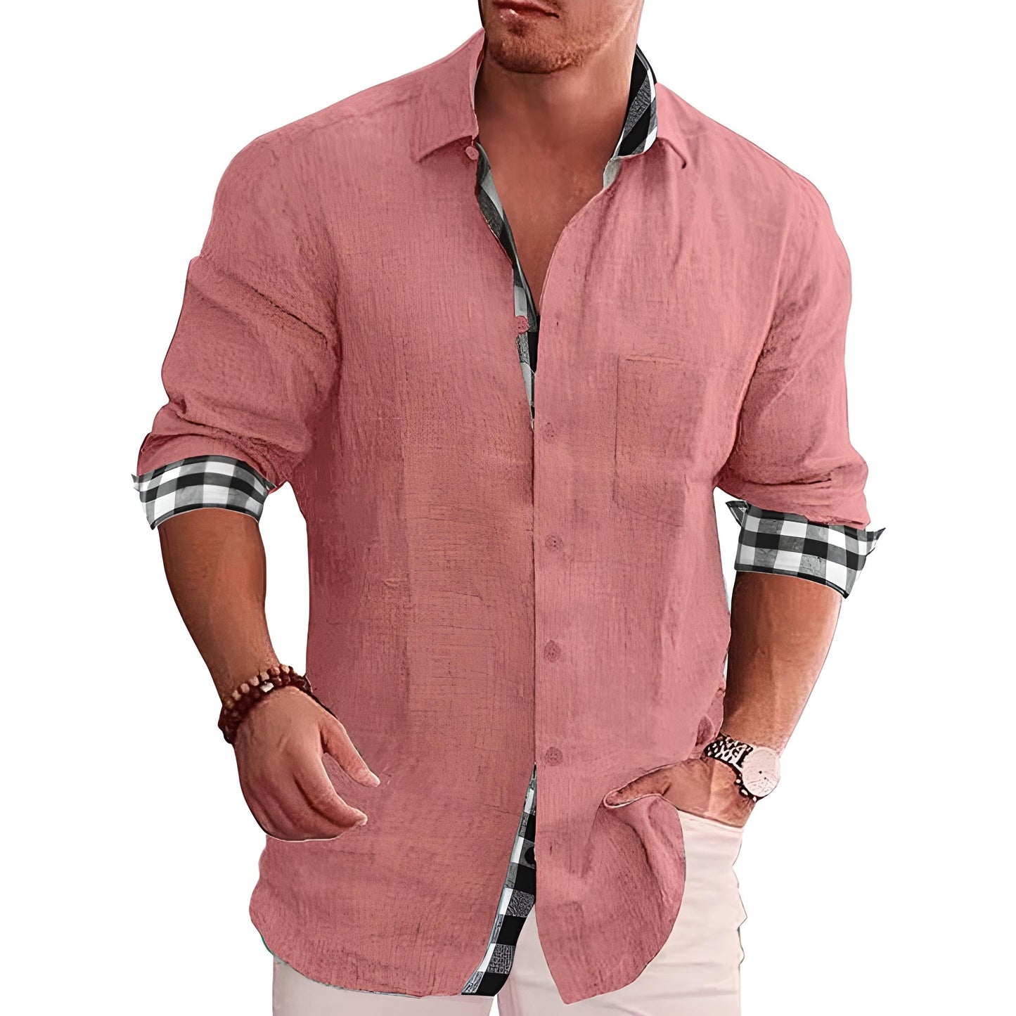 Linen-Blend Shirt for Men | Rolled Sleeves with Plaid Contrast | Smart Casual Essential