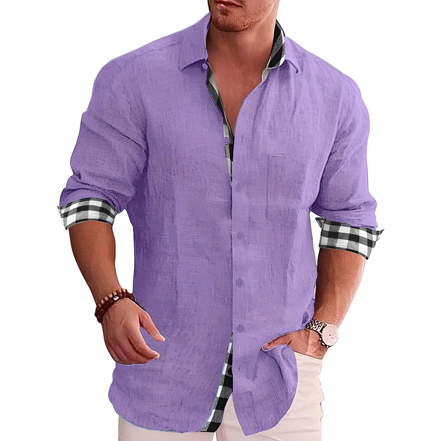 Linen-Blend Shirt for Men | Rolled Sleeves with Plaid Contrast | Smart Casual Essential