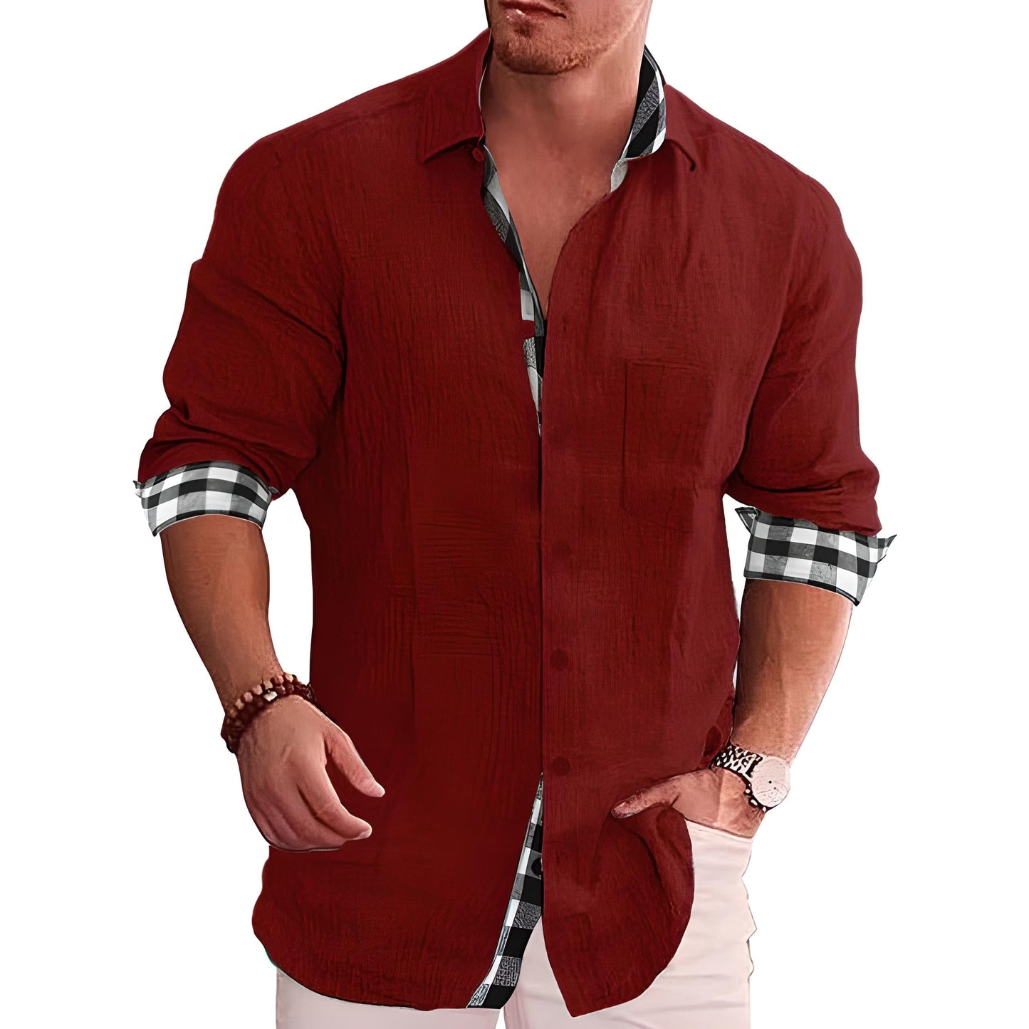 Linen-Blend Shirt for Men | Rolled Sleeves with Plaid Contrast | Smart Casual Essential