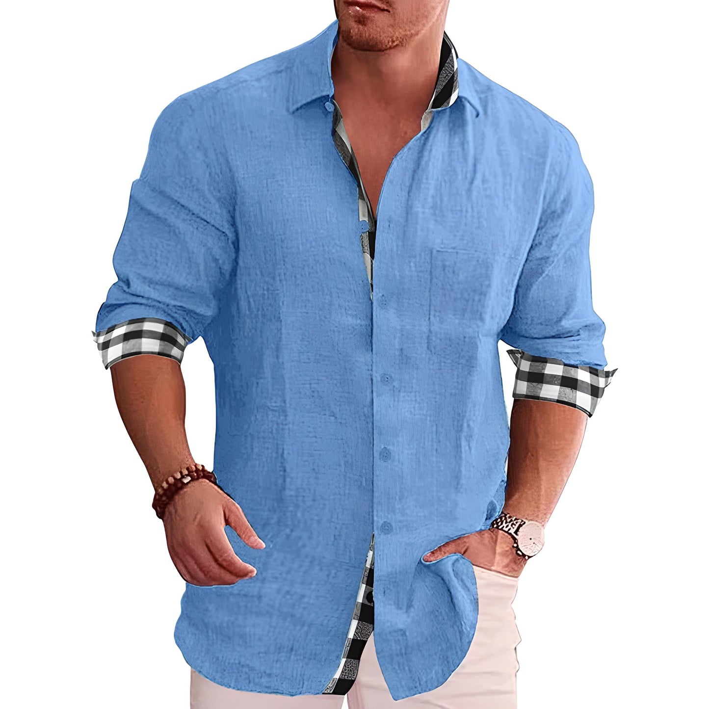 Linen-Blend Shirt for Men | Rolled Sleeves with Plaid Contrast | Smart Casual Essential
