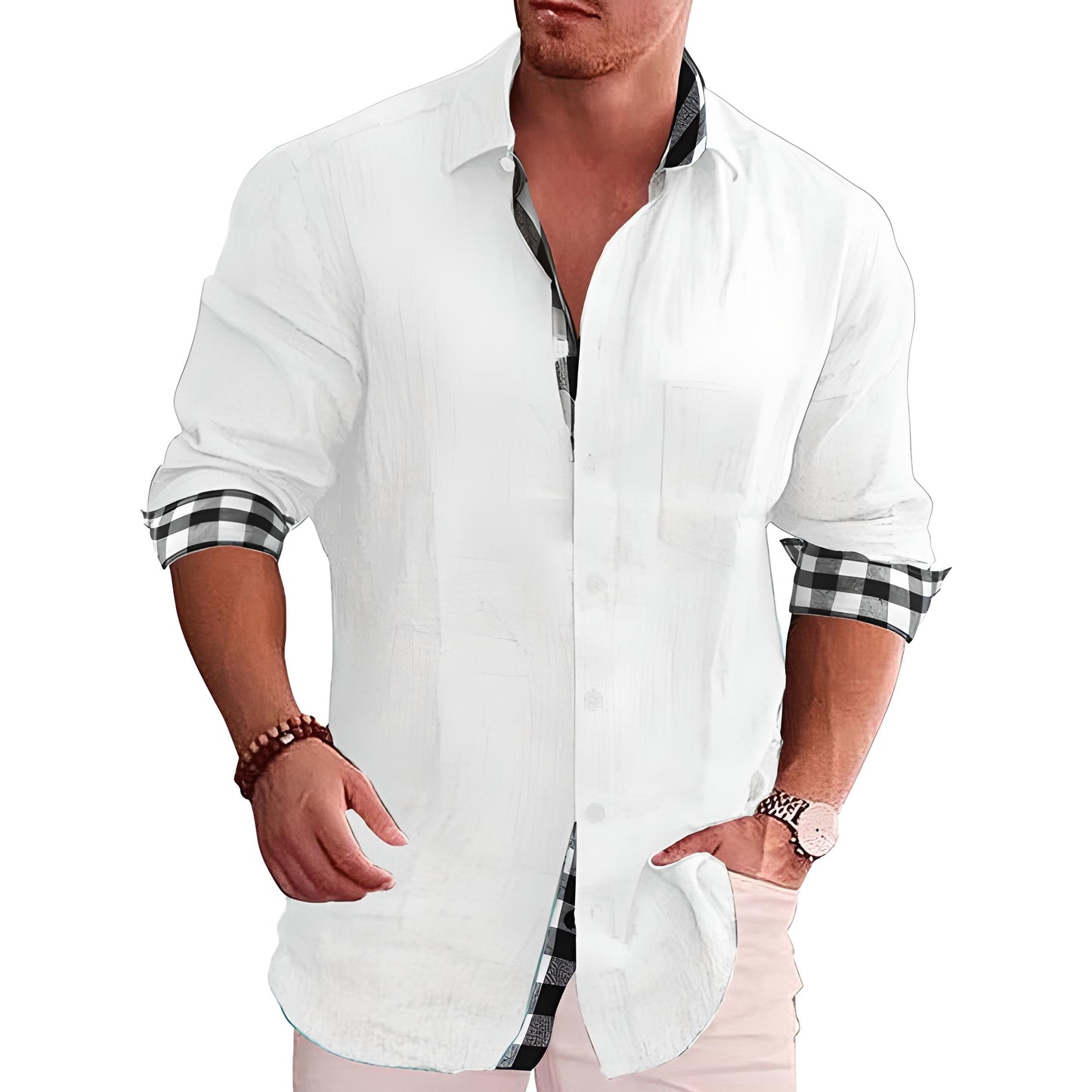 Linen-Blend Shirt for Men | Rolled Sleeves with Plaid Contrast | Smart Casual Essential