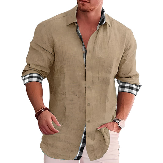 Linen-Blend Shirt for Men | Rolled Sleeves with Plaid Contrast | Smart Casual Essential