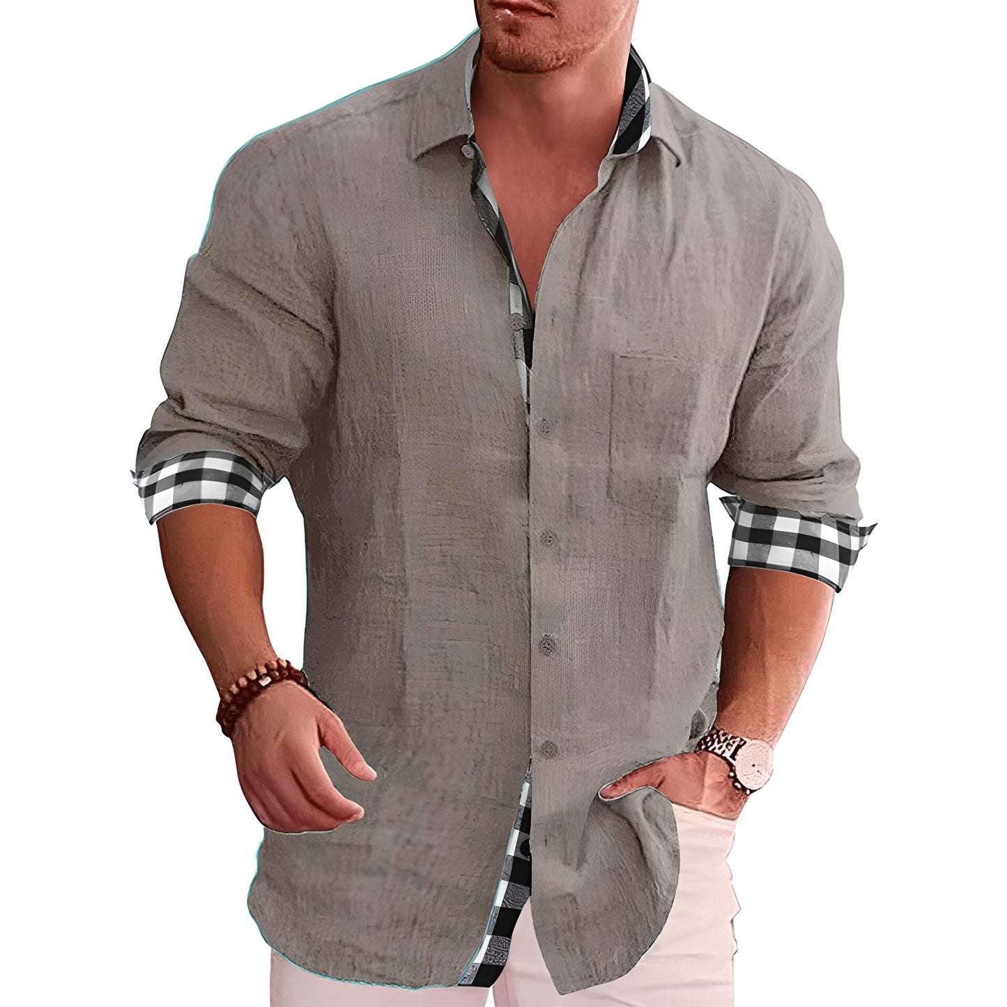 Linen-Blend Shirt for Men | Rolled Sleeves with Plaid Contrast | Smart Casual Essential